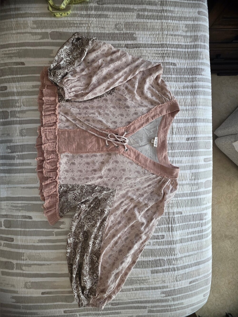 POL Blush Pink Mixed-Print Lace-Up Peasant Top